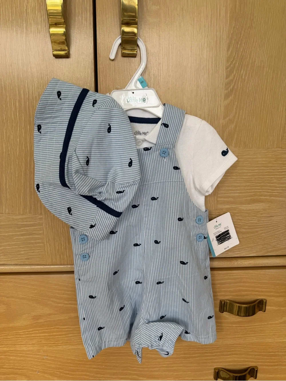 NWT, Little Me Blue Whale Stripe Romper with Hat, 6M